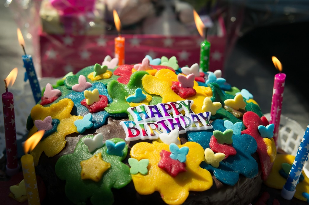 Torte mit Kerzen und Aufschrift Happy Birthday