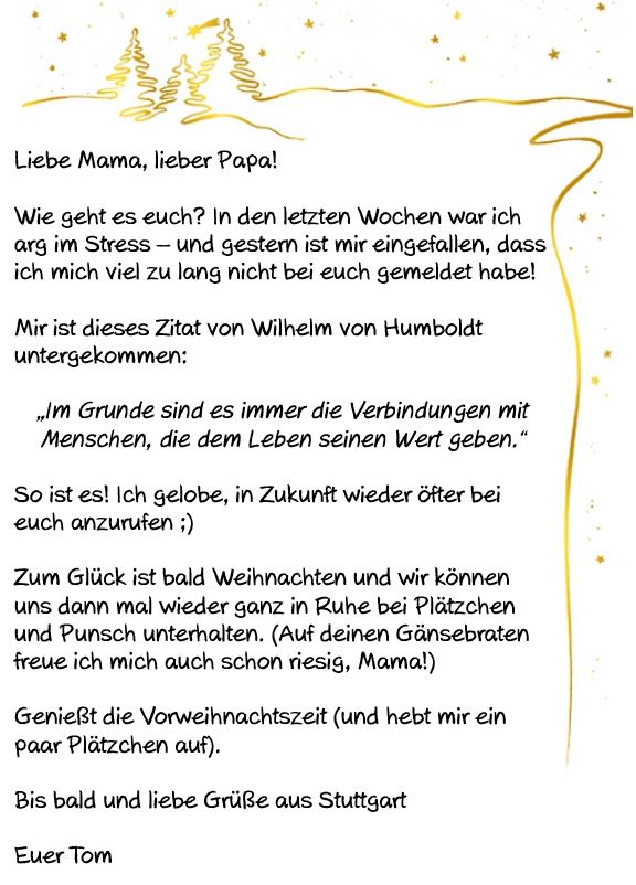 Text für Weihnachtsbrief an Eltern