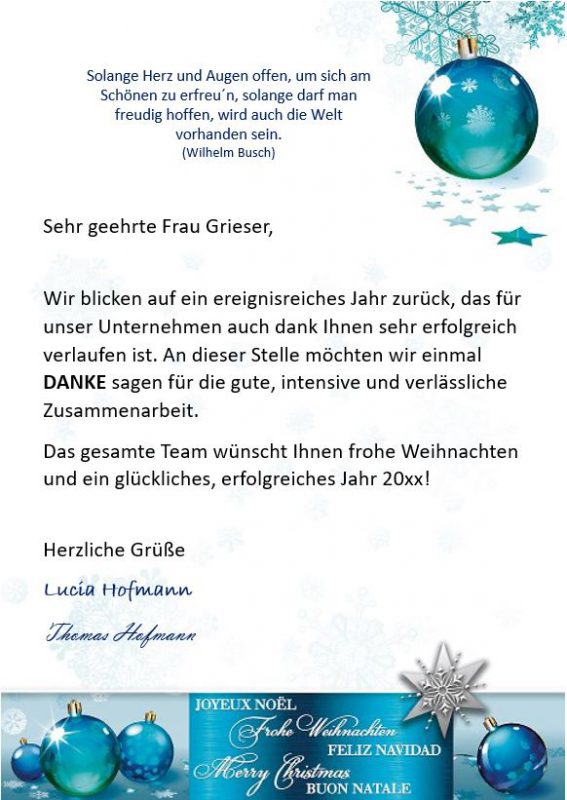 Geschäftliche Weihnachtsbriefe an Mitarbeiter, Kunden & Co.