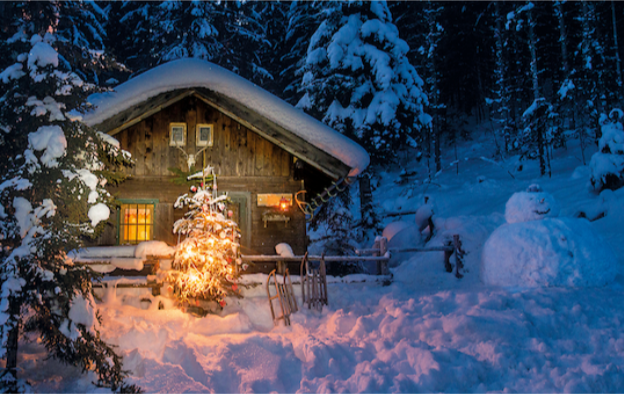 winterliche Weihnachtskarte 2020 mit verschneiter Berghütte