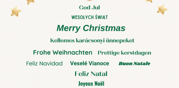 Internationale Weihnachtswünsche in Form eines Weihnachtsbaums