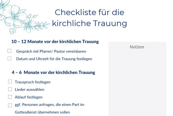 Anfangsseite der Checkliste für kirchliche Trauungen