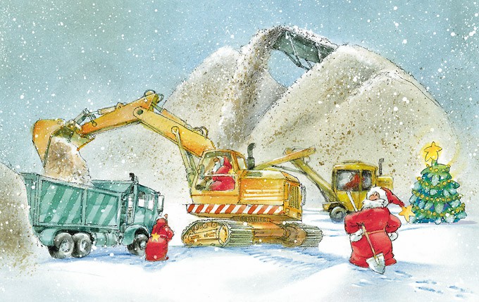 Zeichnung: Weihnachtsmänner auf einer Baustelle